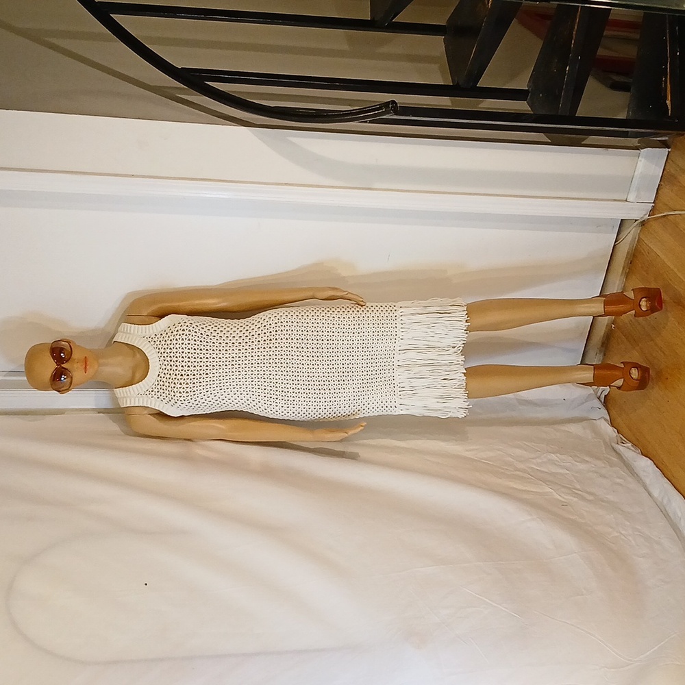 NWT Michael Kors Cream Semi Sheer Crochet Knit Fringe Dress